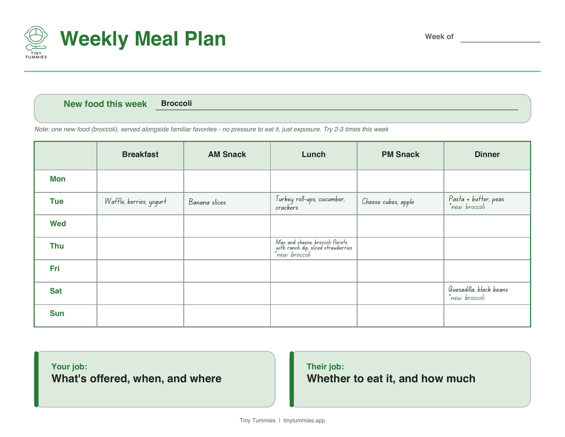 Preview of the printable weekly toddler meal plan template
